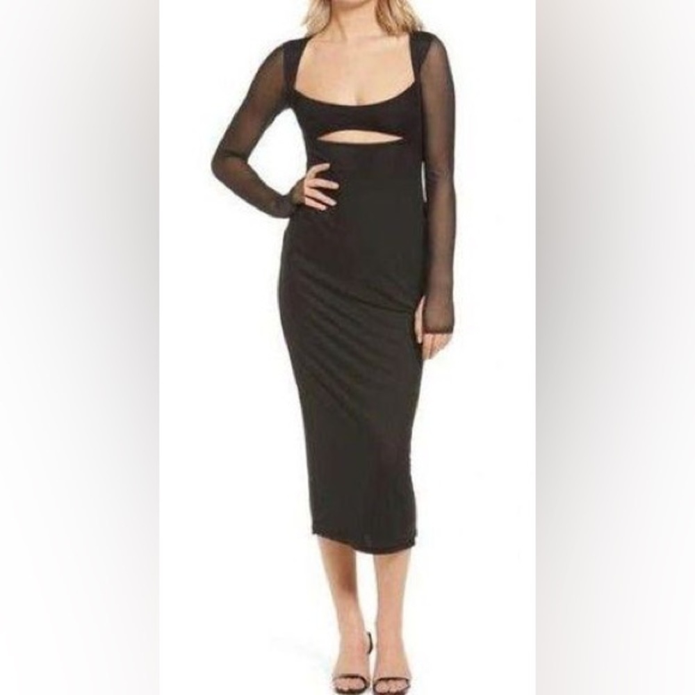 AFRM Kellen Cutout Long Sleeve Mesh Midi Dress Black Stretch Size 2X NWT